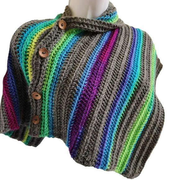 Washable long wide shawl scarf multicolor rainbow handknit wood buttons - Picture 4 of 11